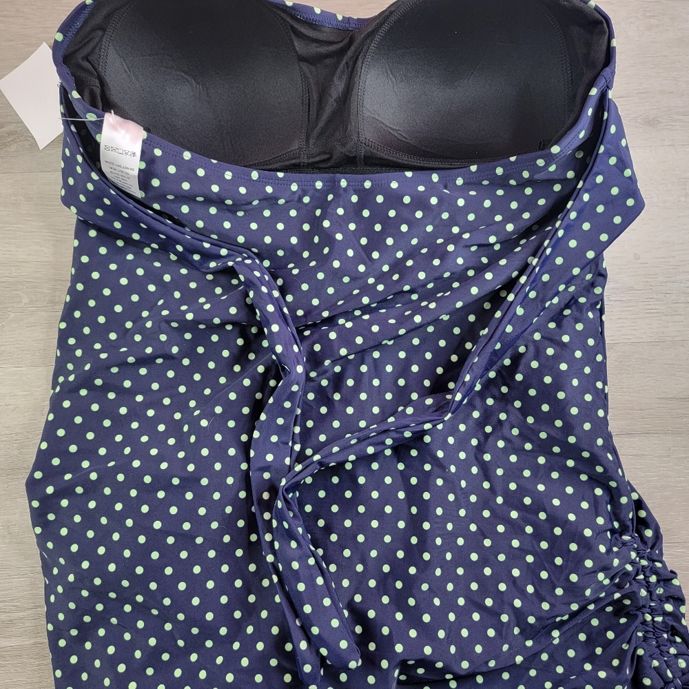 Meet Curve Womens XL Swimsuit Dress Blue Green Polka Dot Ruched Tie Sides NWT - Picture 8 of 11